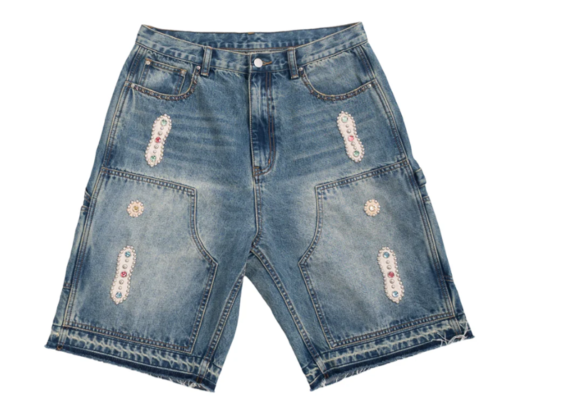 JAPANESE SORROWS BLUE 15 O.Z. EMBELLISHED DOUBLE KNEE DENIM SHORTS