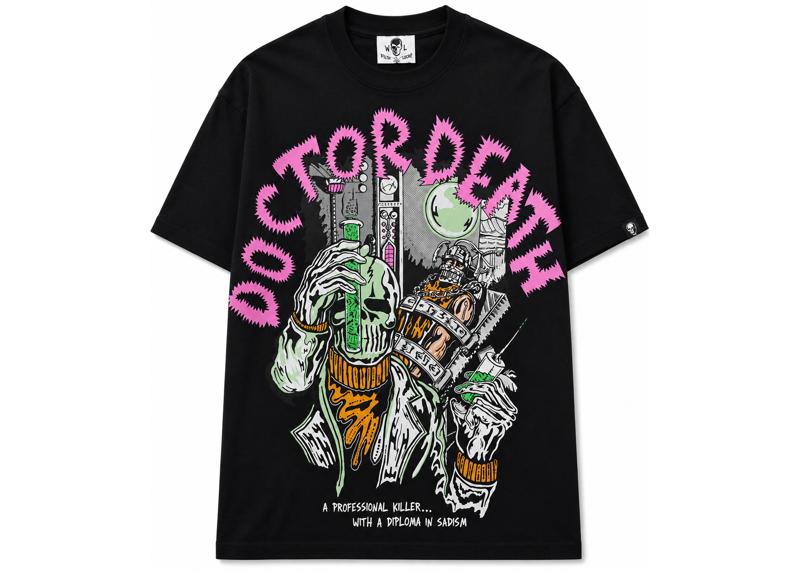 Warren Lotas Doctor Death Logo Short Sleeve Tee Shirt Black Pink Multi