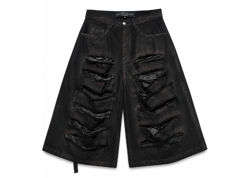 MISERE MODERNE PARIS BLACK DISTRESSED LONG JEAN SHORTS