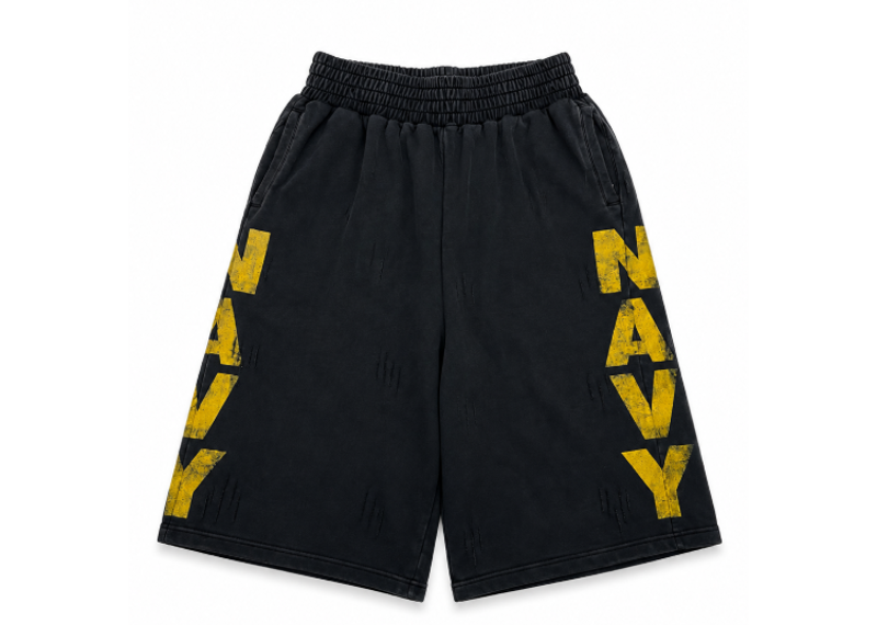 NAVY 3/4TH SHORTS BLACK DISTRESSED