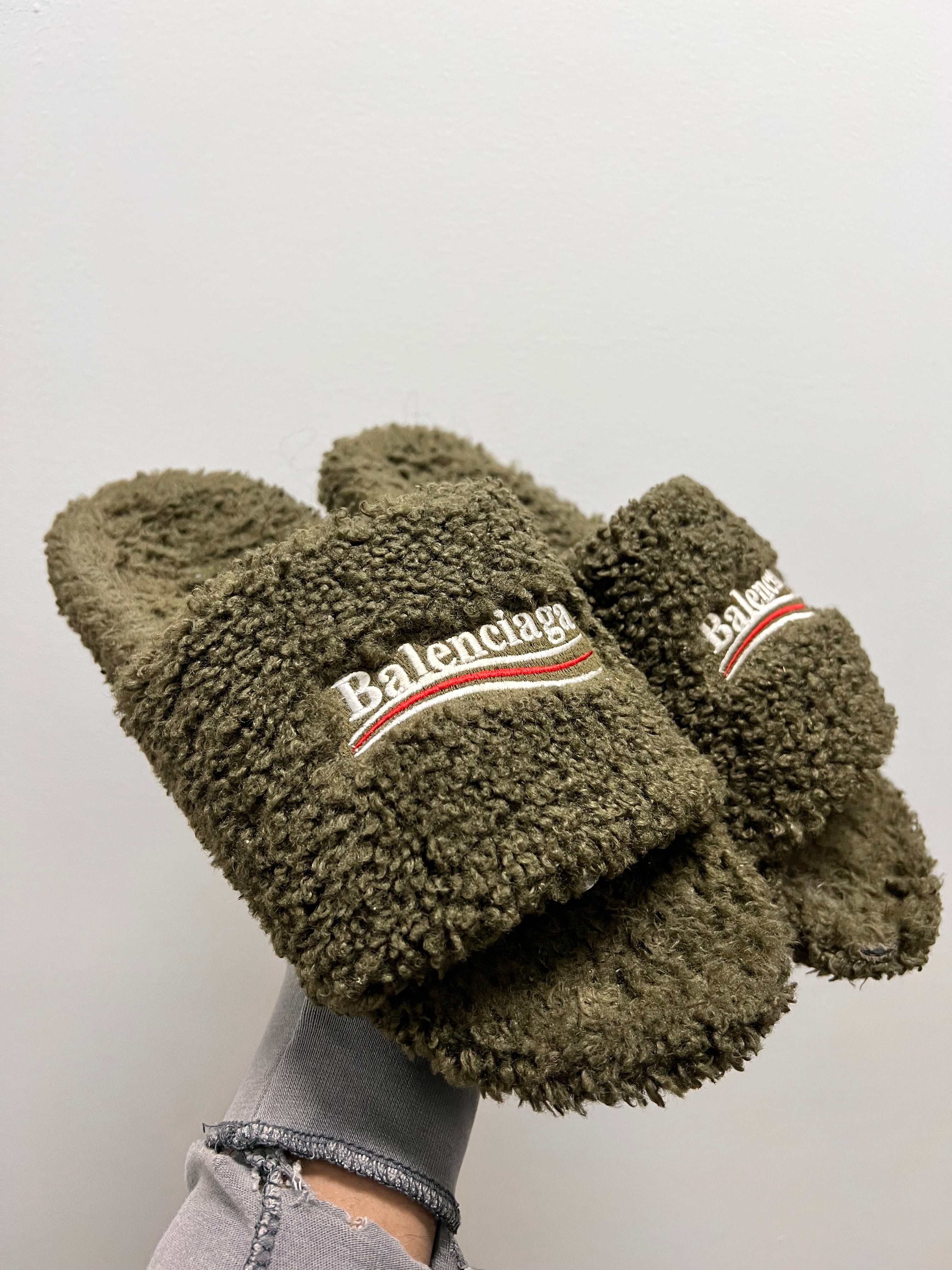 Balenciaga Furry Slides dark green