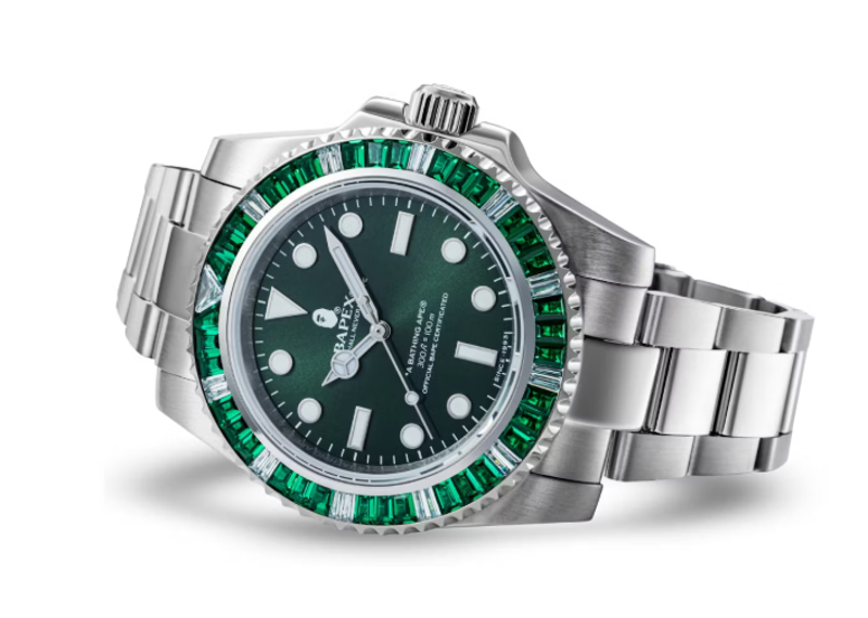 BAPE Type 1 Bapex Crystal Stone Watch Silver/Green