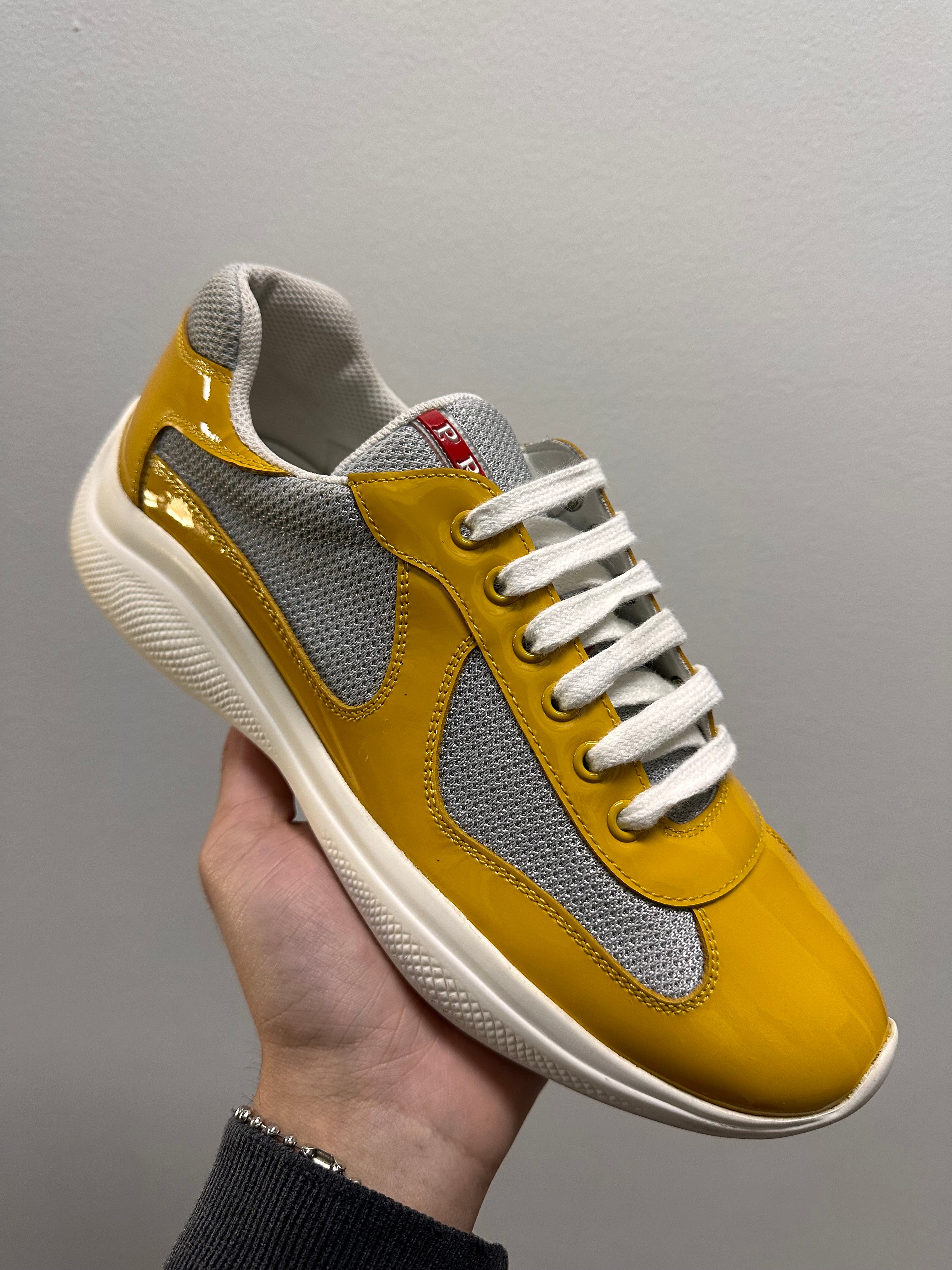 Prada Mens Americas Cup Patent Leather Sneakers Yellow