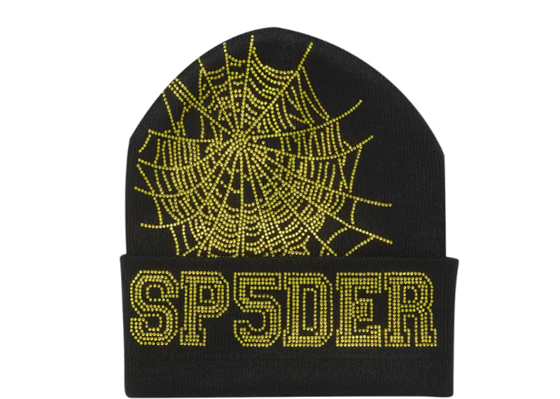 Sp5der Black Yellow Rhinestone Beanie
