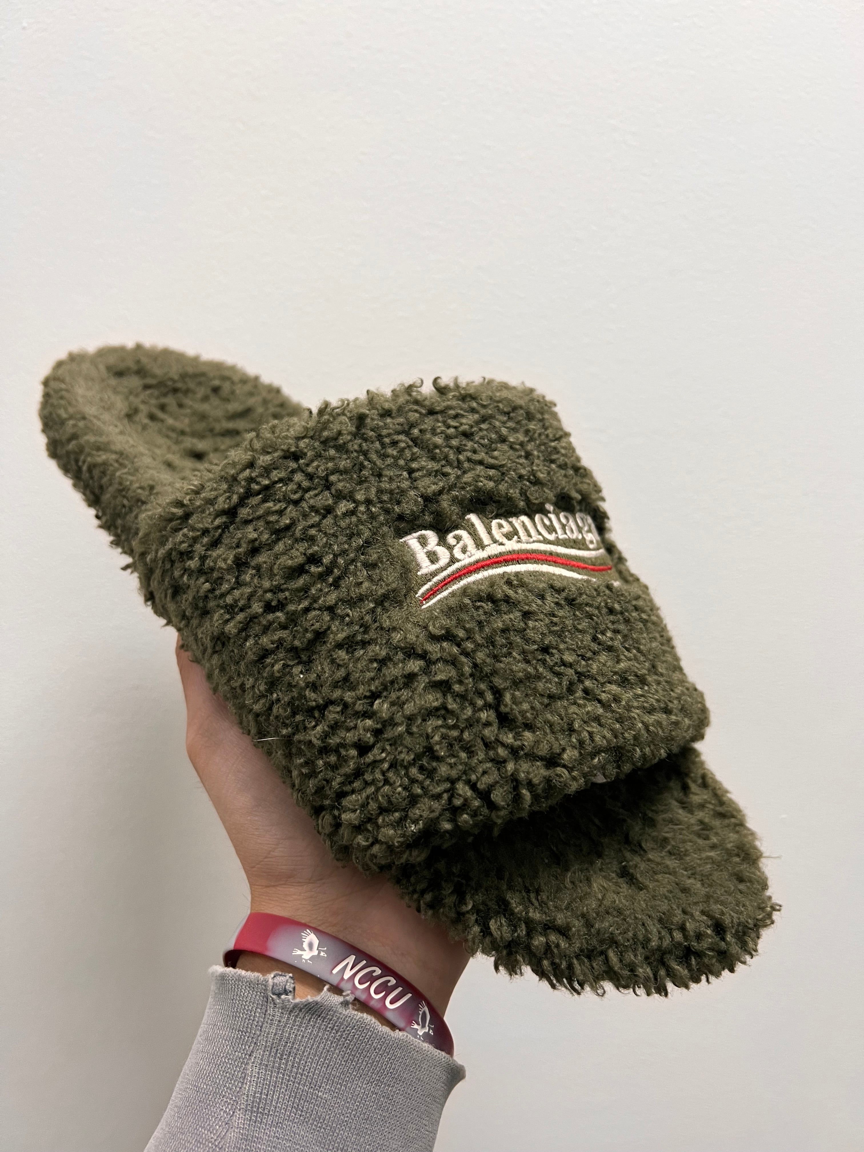 Balenciaga Furry Slides dark green