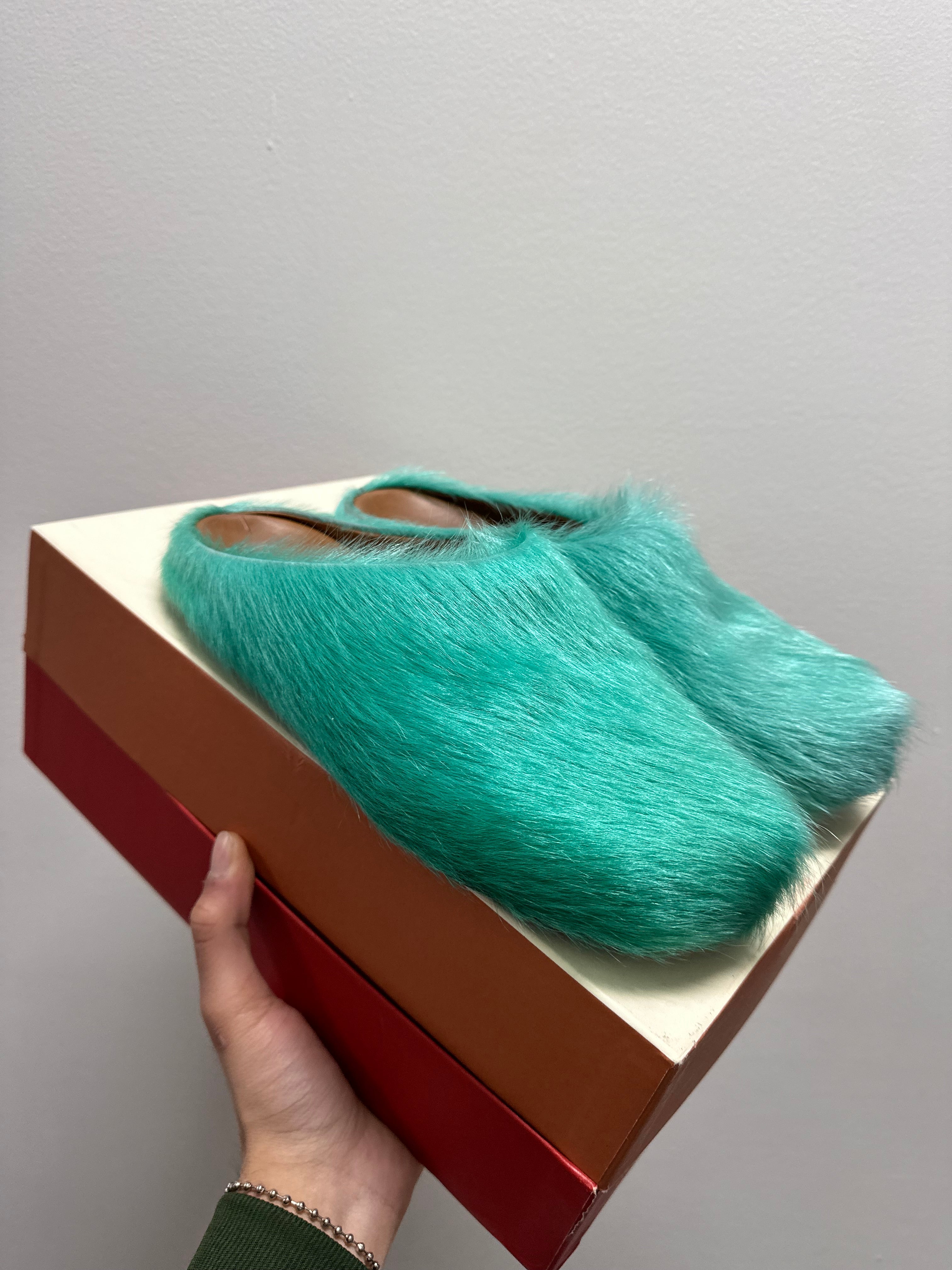 Marni Fussbet Calf Hair Turqoise Sabot Clogs