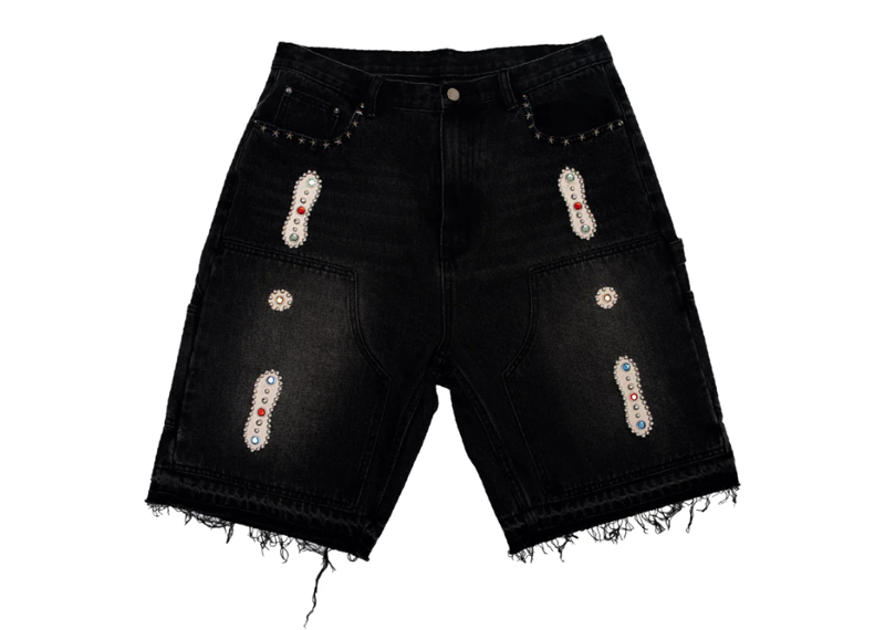 JAPANESE SORROWS BLACK 15 O.Z. EMBELLISHED DOUBLE KNEE DENIM SHORTS
