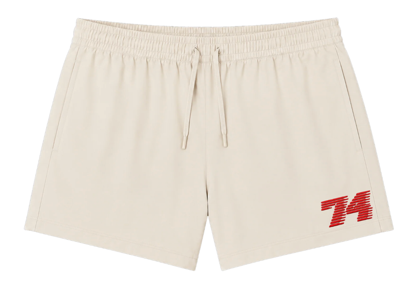 74 Is War Cream Collegiate Running Shorts
