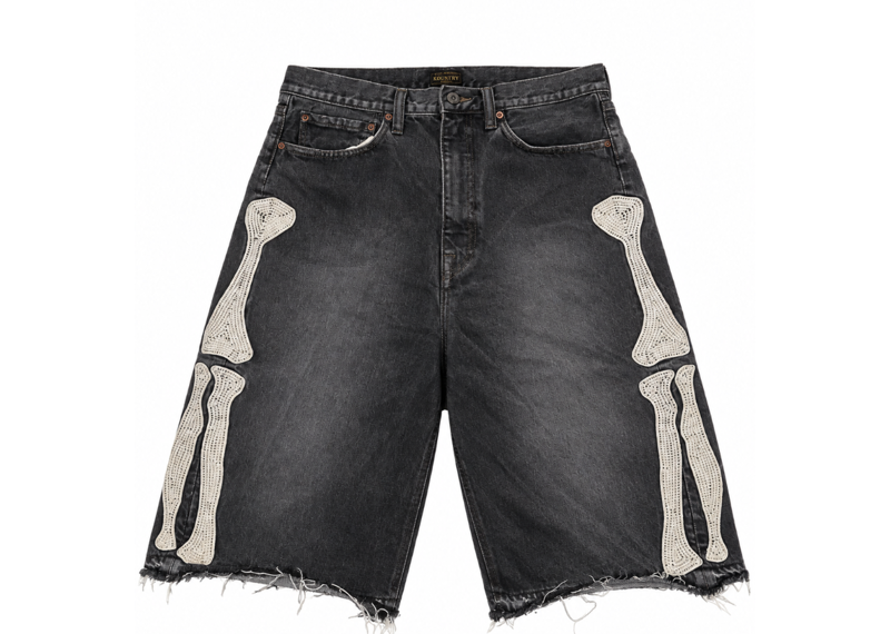 Kapital  Bone Denim Shorts Washed Black White