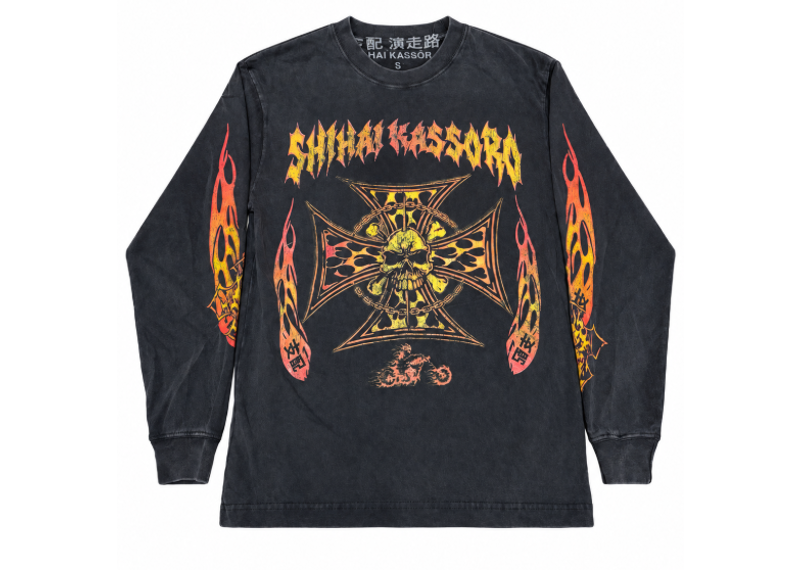 SHIHAI KASSORO FLAMED SKULL GREY LONGSLEEVE TEE