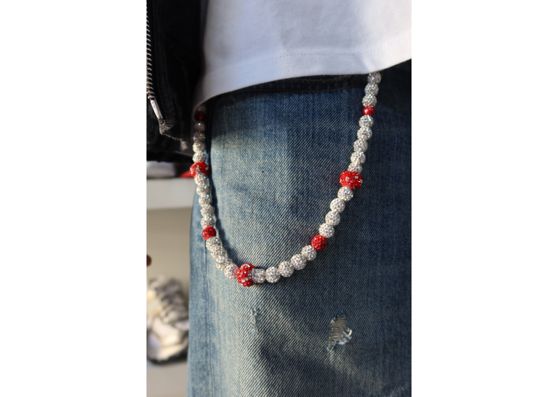 KASHOUT STUDIOS SINGLE WALLET CHAIN RED SILVER PEARLS
