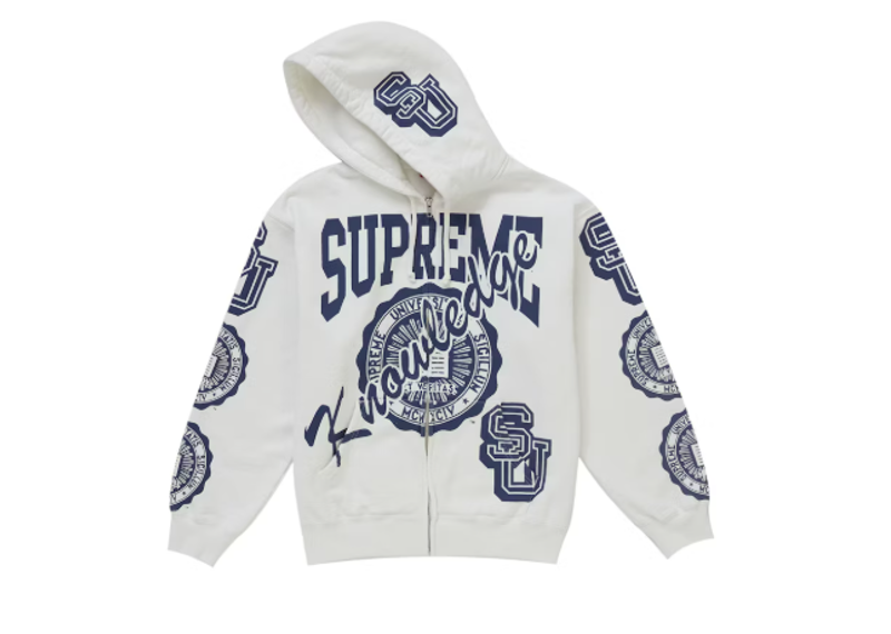Supreme Knowledge Reigns Zip Up Hooded Sweatshirt White
