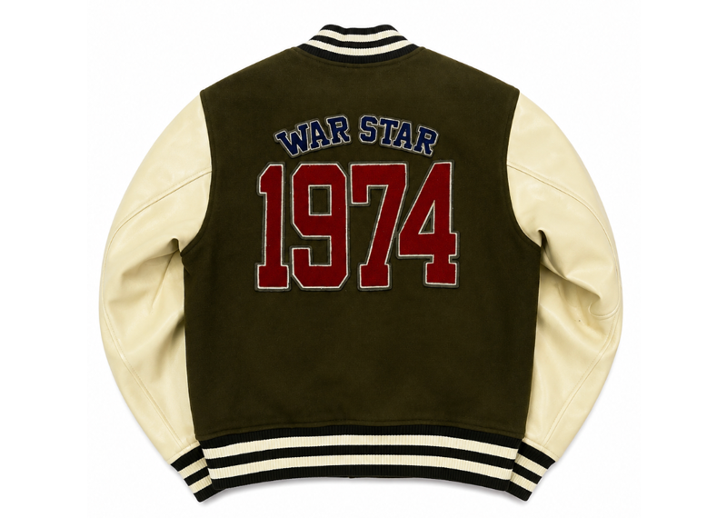 74 IS WAR OLIVE VARSITY JACKET