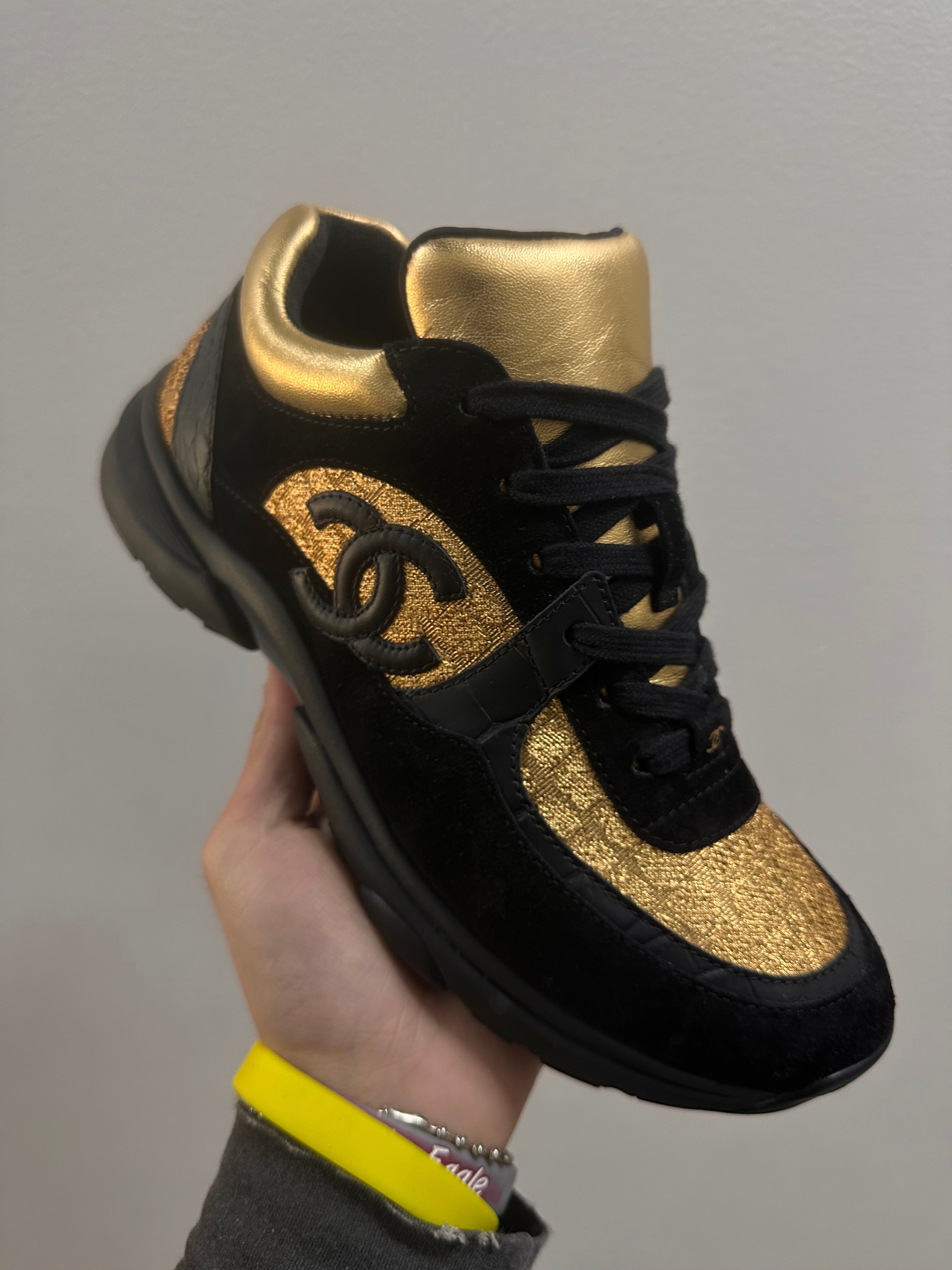 Chanel Black Gold Croc Suede CC Logo Low Top Trainer