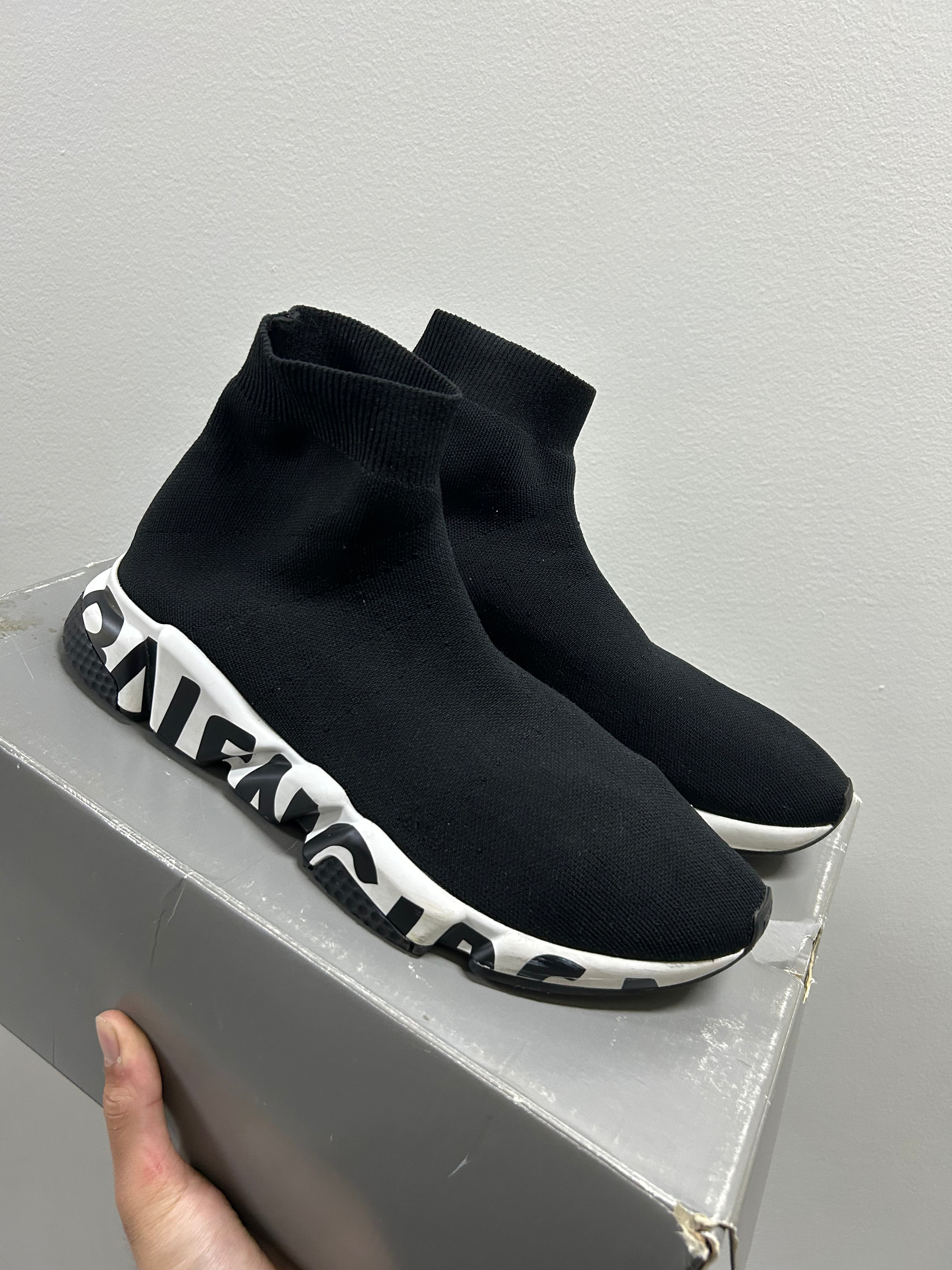 Balenciaga Speed Graffiti Trainers White Black Logo