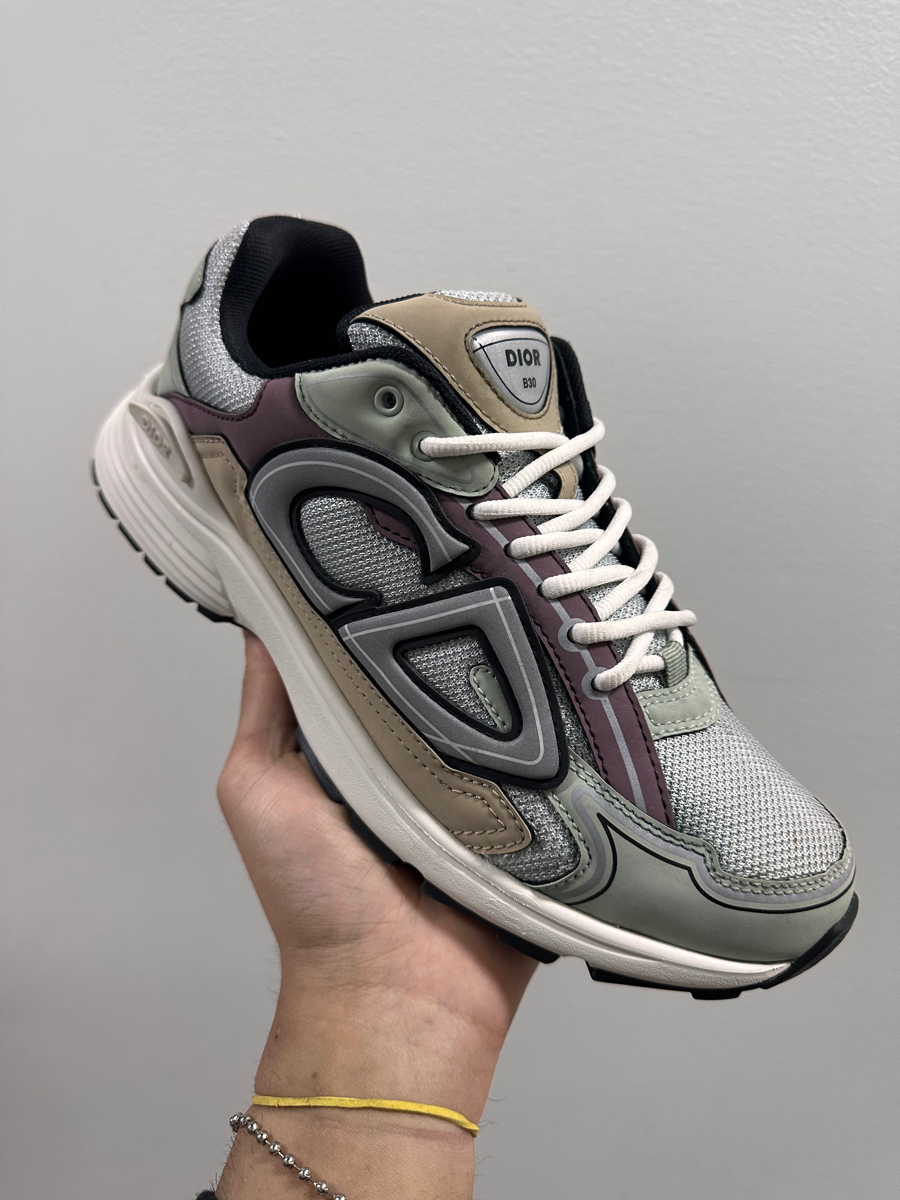 Dior B30 Gray Mesh with Light Green, Beige and Lavender Technical Fabric Low Top Sneakers