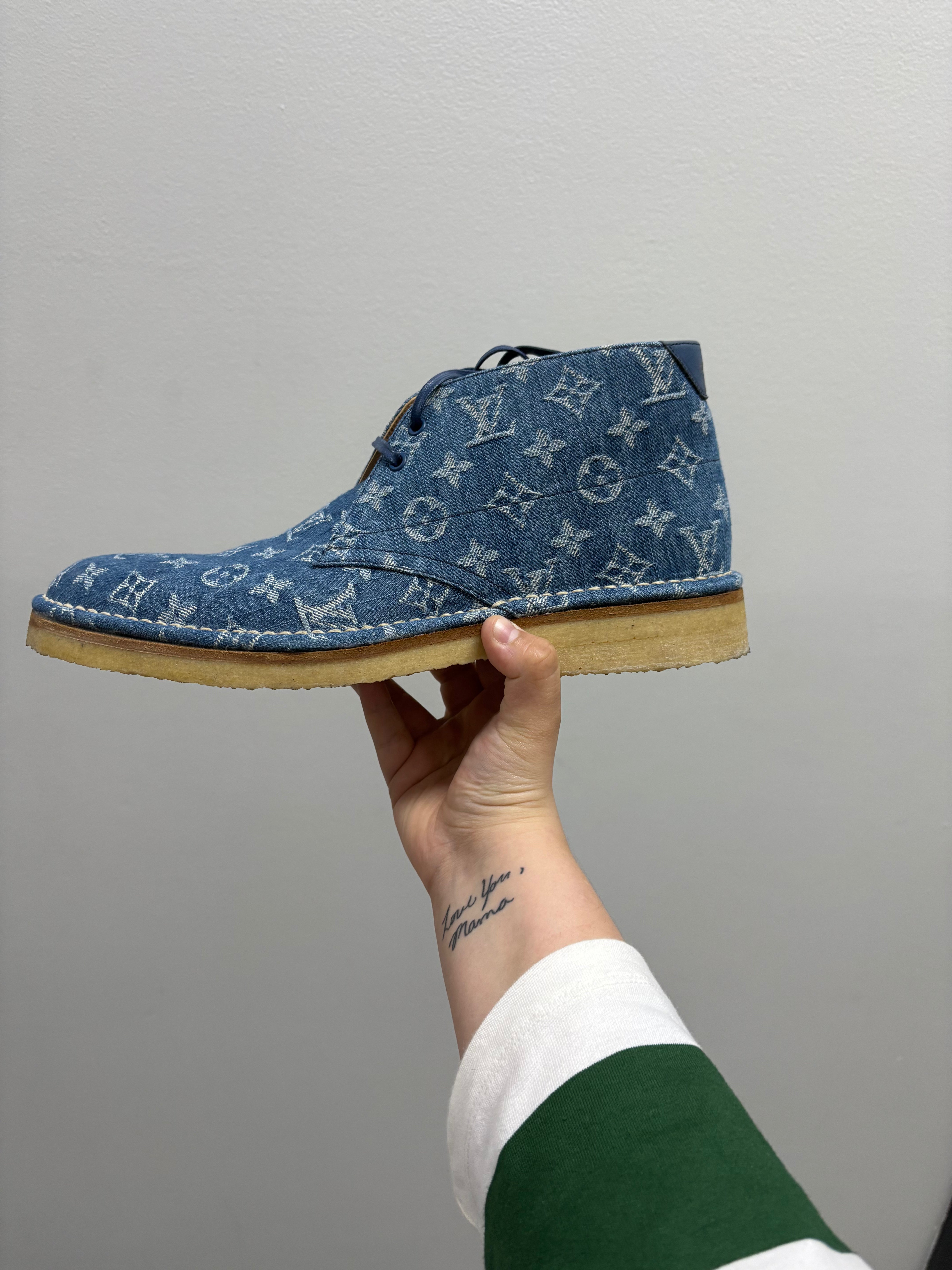 LV Monogram Denim Mens High-Derby Boots 8 Blue