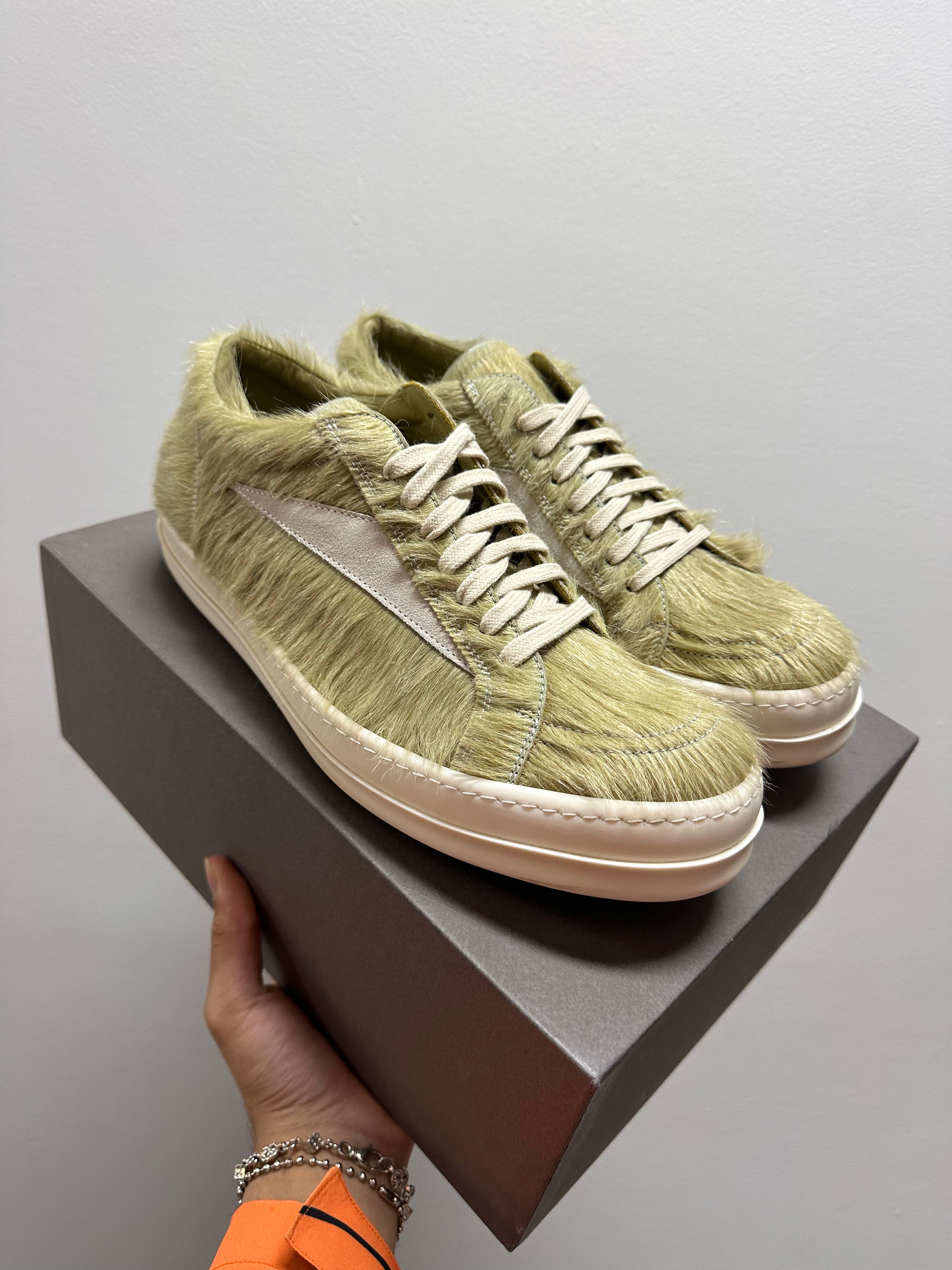 RICK OWENS GREEN PONY HAIR VINTAGE SNEAKERS