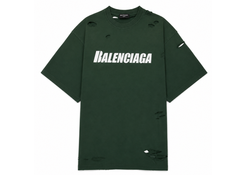 Balenciaga Green Cotton Knit Distressed Tee