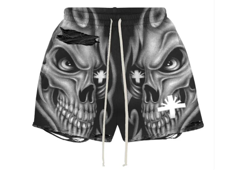 Vertabrae Skull Storm Distressed Shorts Black