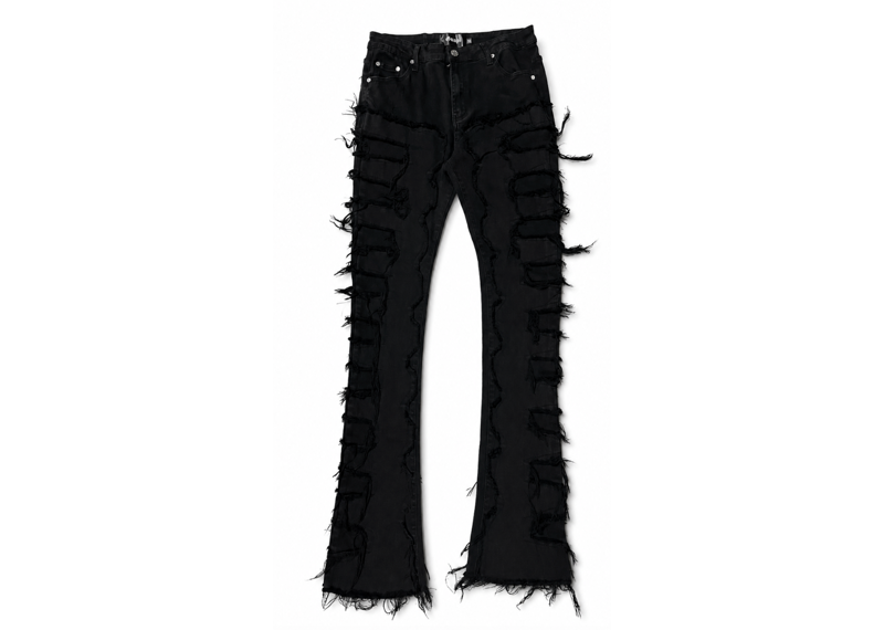 GUAPI FLARED STACKED DISTRESSED BLACK JEANS