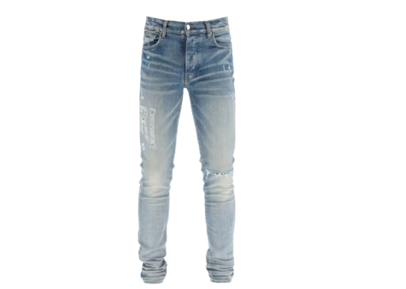 AMIRI Distressed Logo Skinny Jeans Light Blue