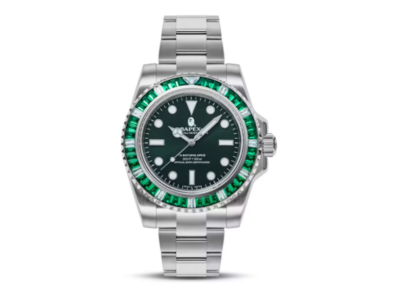 BAPE Type 1 Bapex Crystal Stone Watch Silver/Green